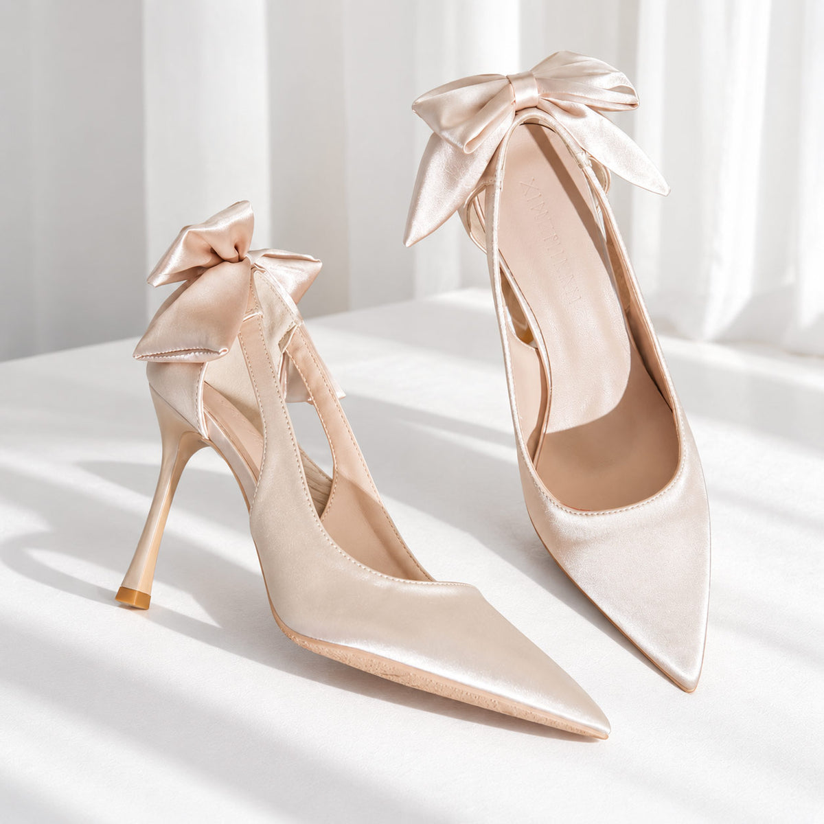Ivory Satin Bow Heels for Women S0004