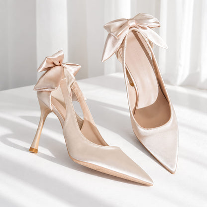 Ivory Satin Bow Heels for Women S0004