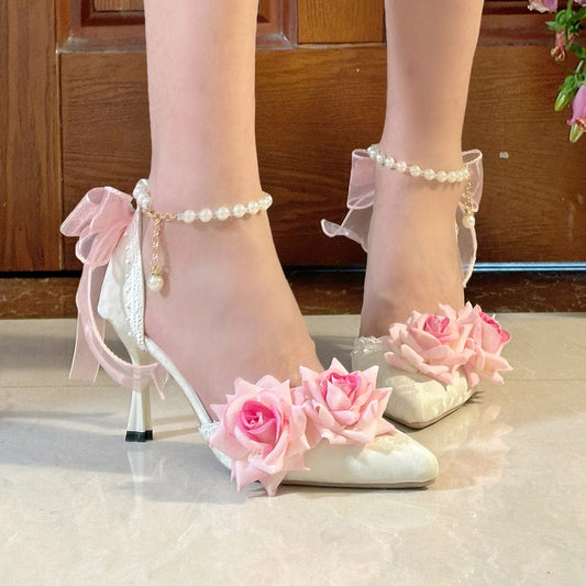 Elegant Lace Bow Flower Heels Shoes SE23626