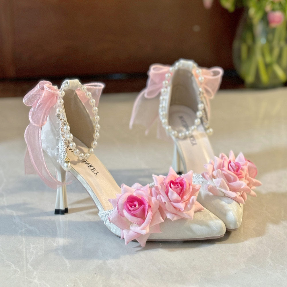 Elegant Lace Bow Flower Heels Shoes SE23626