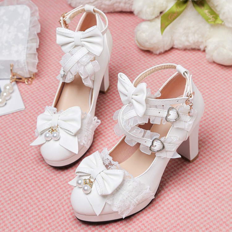 Lace Bow Lolita Heels Shoes SE23585