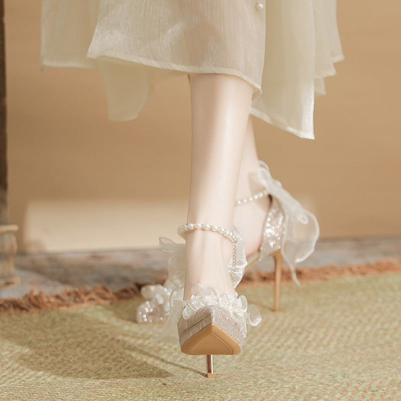 Shiny Pearl Flower Heels Shoes SE23697
