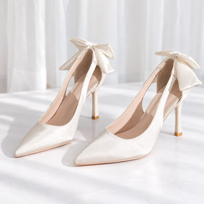 Ivory Satin Bow Heels for Women S0004