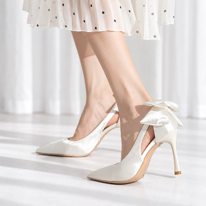 Ivory Satin Bow Heels for Women S0004